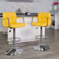 Flash Furniture Contemporary Yellow Quilted Vinyl Adjustable Height Bar Stool with Arms and Chrome Base CH-102029-YEL-GG